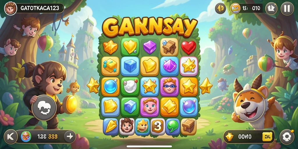 Tampilan menarik dan penuh warna dari GATOTKACA123, nikmati gameplay match-3 yang seru.