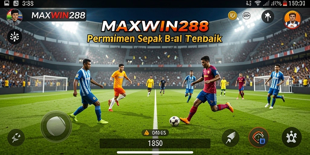 Screenshot gameplay MAXWIN288 dengan aksi sepak bola intens.