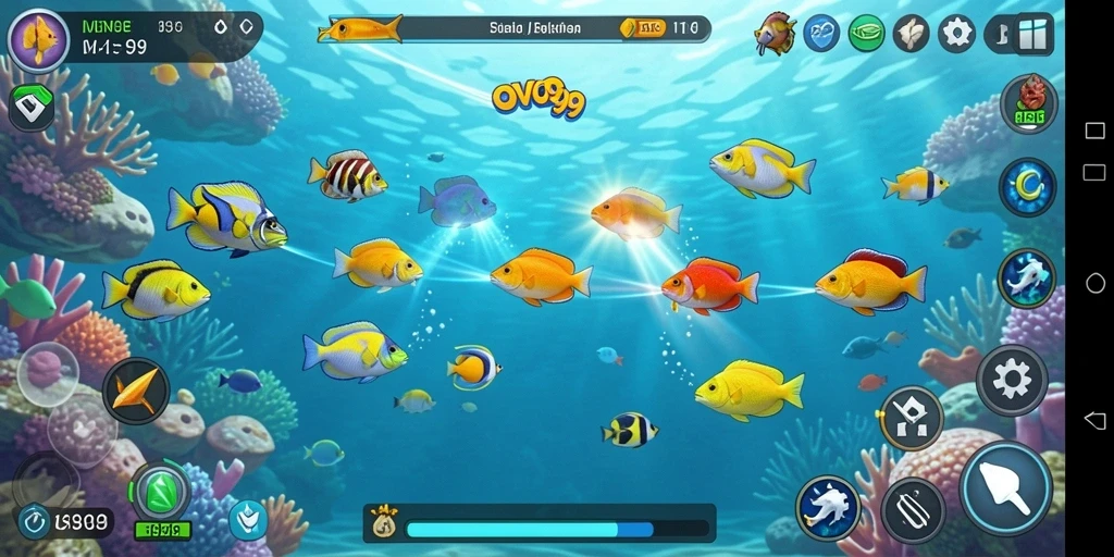 Tangkapan layar gameplay OVO99 yang menampilkan aksi menembak ikan.