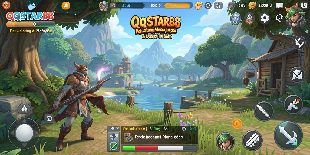 Tangkapan layar gameplay QQSTAR88 menunjukkan eksplorasi dunia terbuka yang luas.