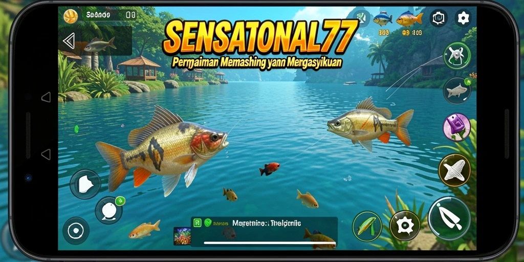Screenshot SENSATIONAL77 menampilkan pemain sedang memancing di danau yang indah.